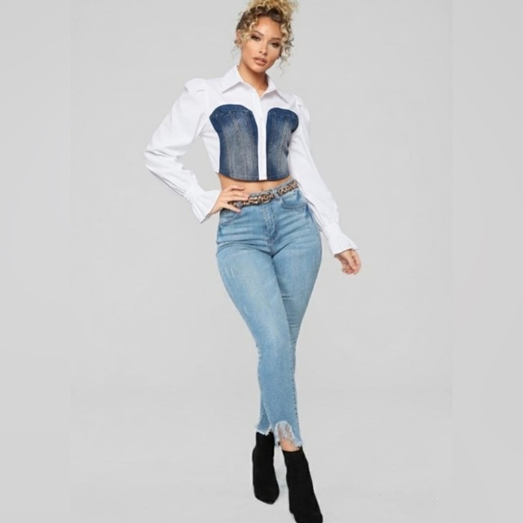 Shirt White Denim Crop Top Woman’s Comfort - Picture 5 of 13